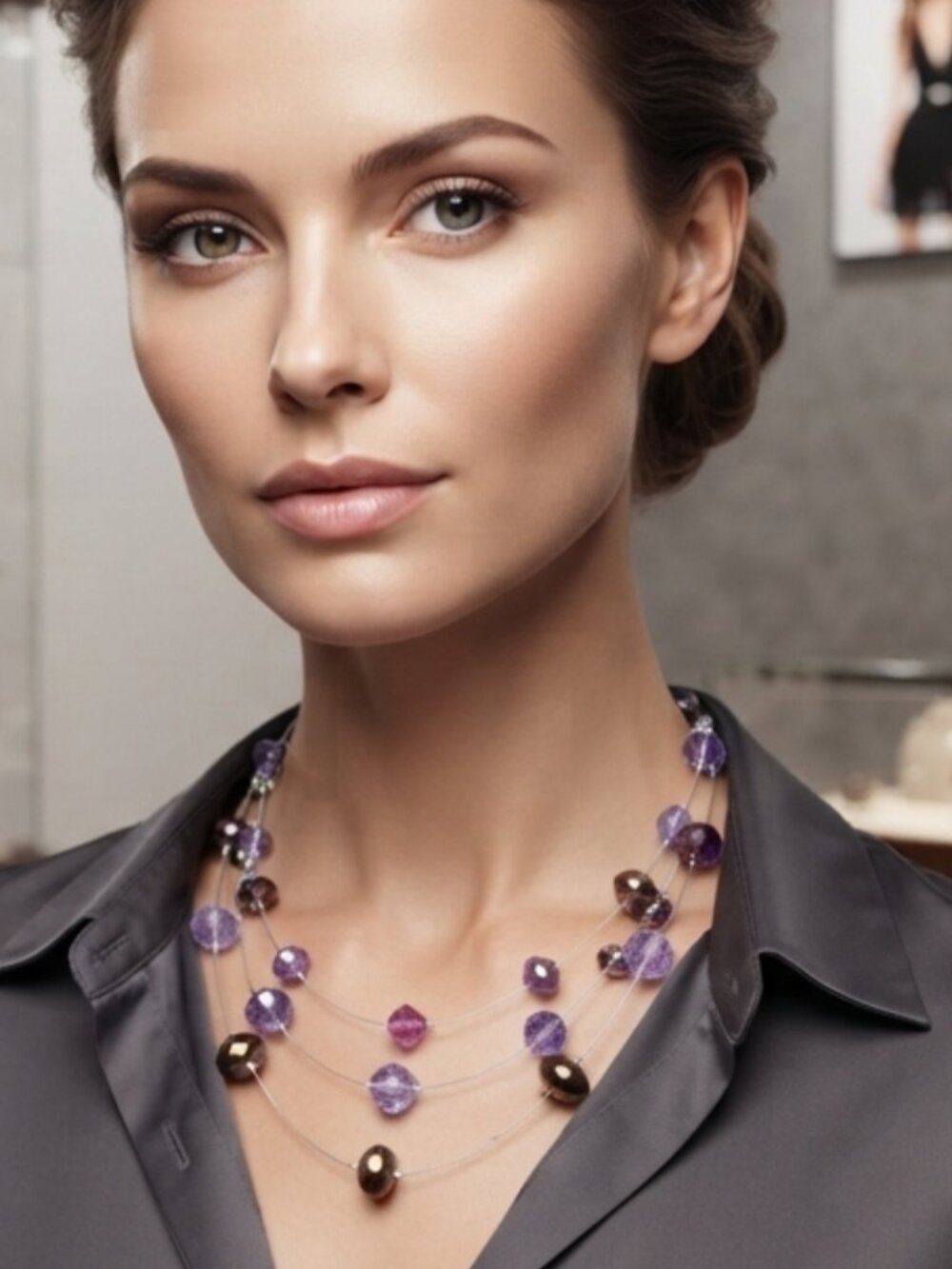 lavender with silver chain 3 row illusion necklace